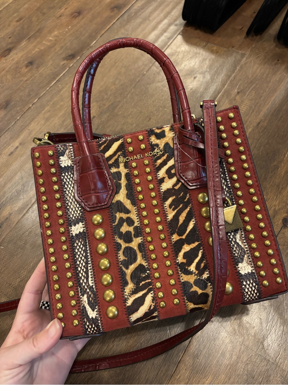 Michael Kors Burgundy and Animal-Print Studded Satchel